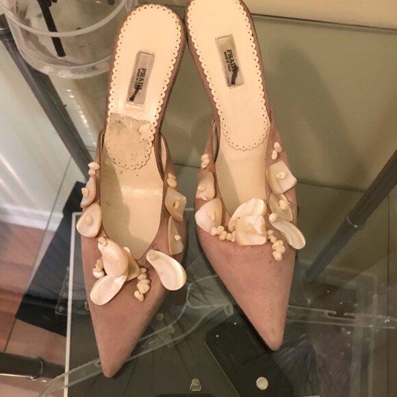 PRADA Vintage Suede Kitten Heel Mules Slides Shoes Pearl Shell Rose Blush Heels - Picture 4 of 8